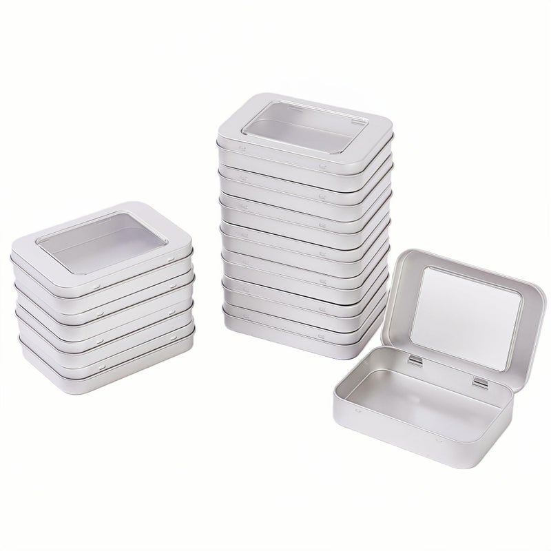LJY 12 Pack Empty Rectangular Metal Storage Organizer Tins with Clear Window Hinged Lids for Candies, Gifts & Treasures (Silver) - Image 1